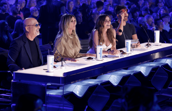 Howie, Heidi, Sofia, and Simon react to an act during a taping of the AGT live shows. (Photo property of NBC)